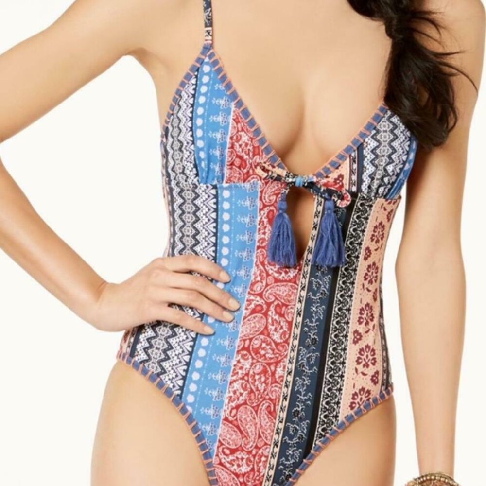 MINKPINK Lily Tie Front Boho One Piece Swimsuit Floral Pink Medium NWT